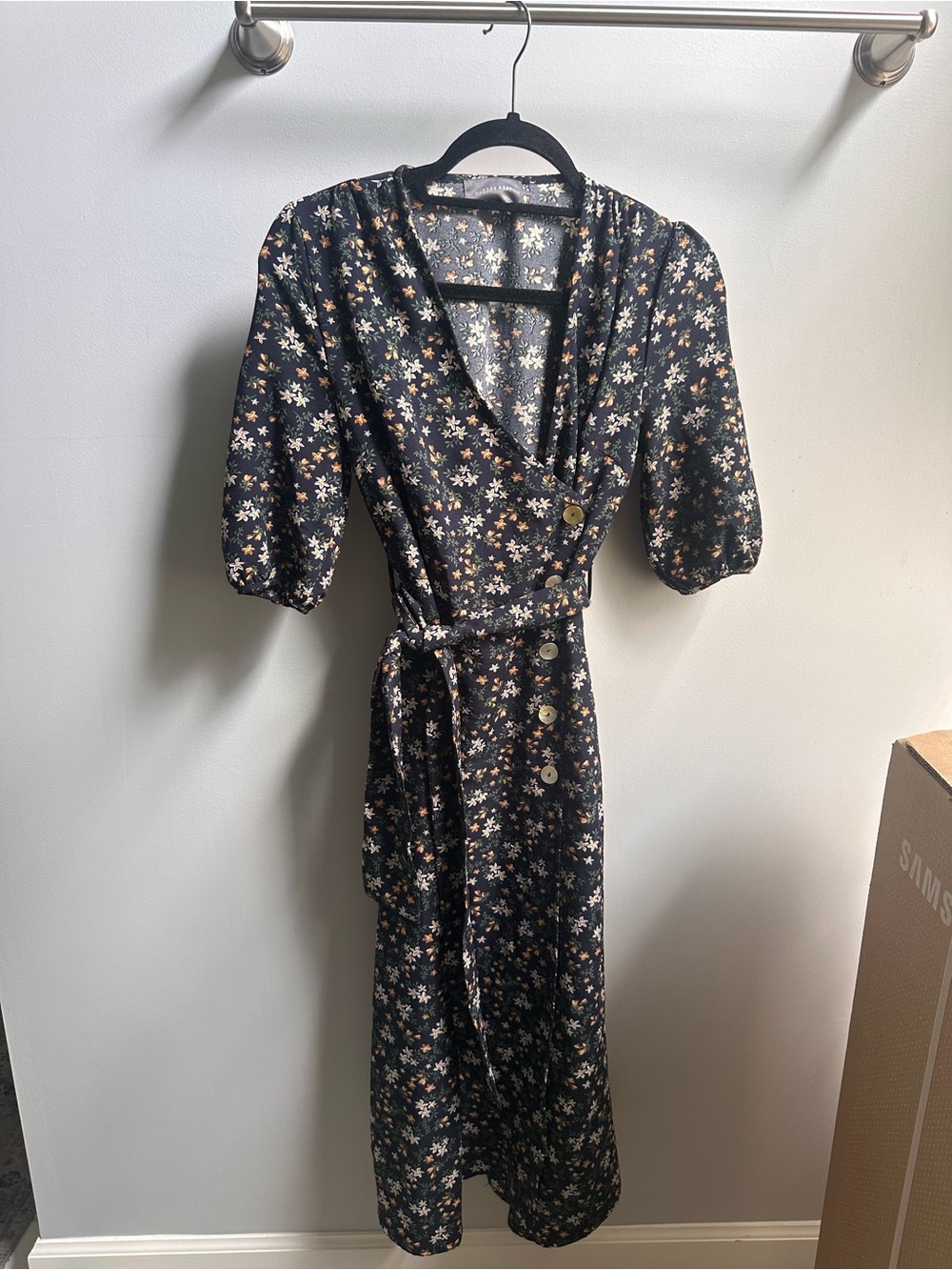 Hudson Gray Floral Black Wrap Midi Dress with Puff Sleeves